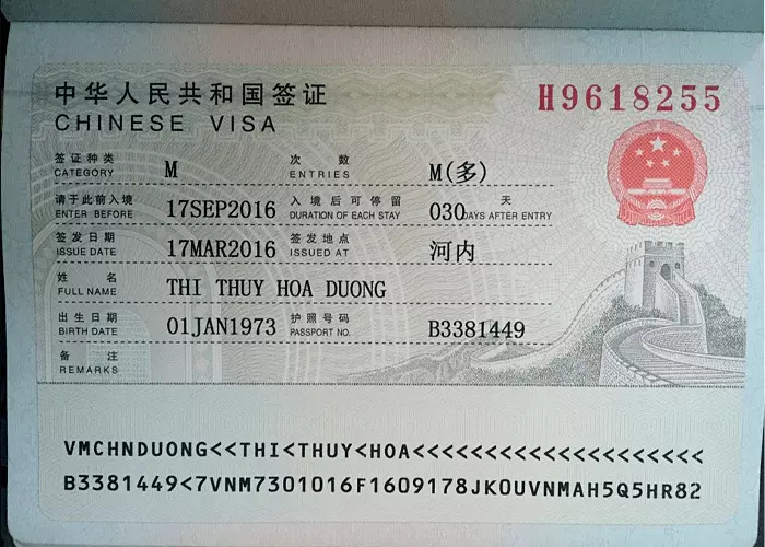 visa dành cho việc du lịch Trung Quốc